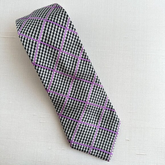 Holland & Sherry Silk Tie 58” Black White Houndstooth Purple Grid - Picture 1 of 6